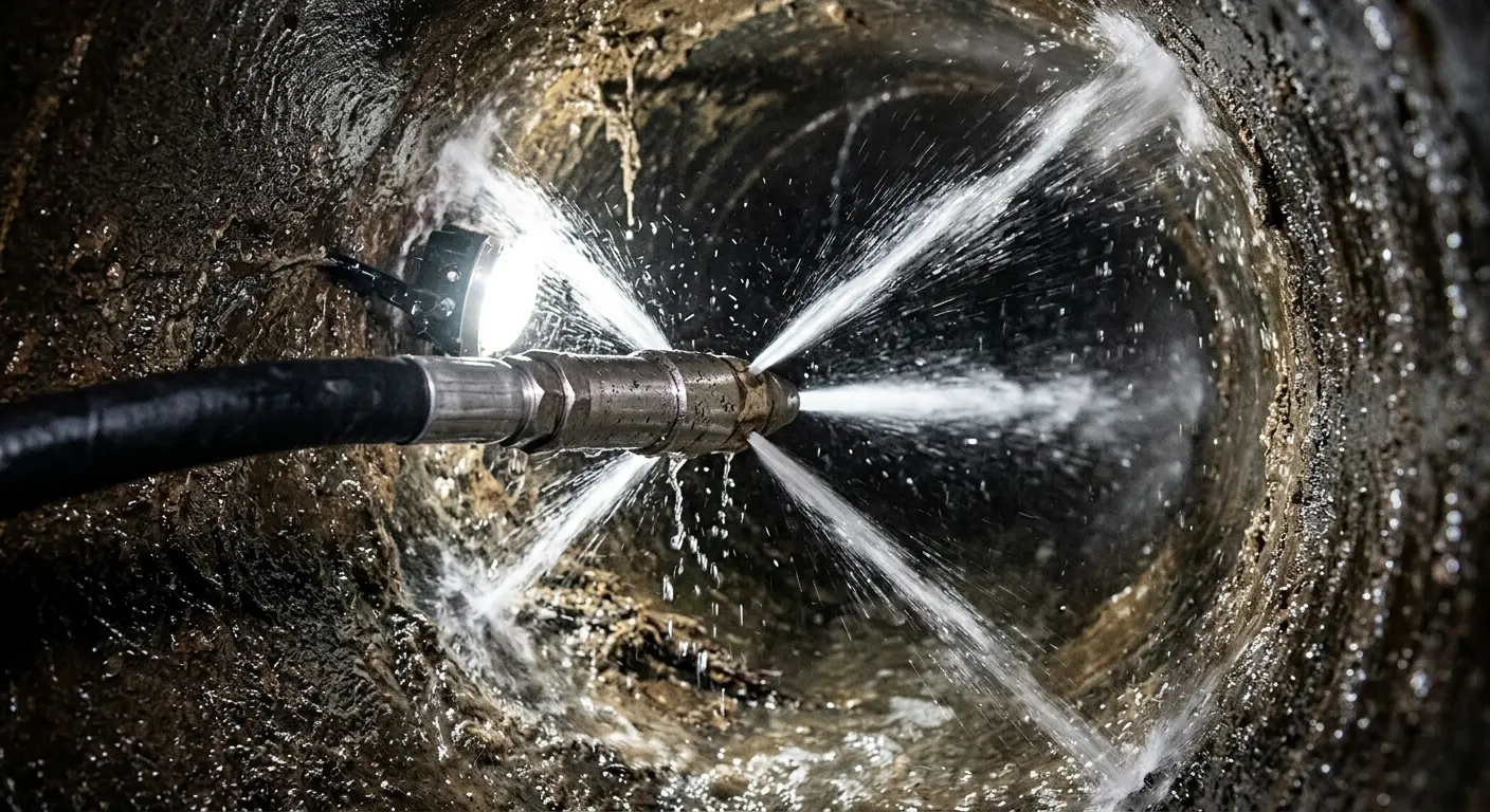 High-pressure hydro jetting nozzle cleaning sewer pipe for Emergency Drain Service in Athens