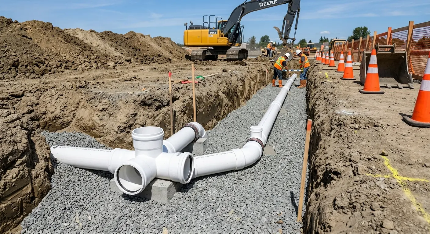 New PVC sewer pipe installation in open trench for Commercial Drain Cleaning in Athens